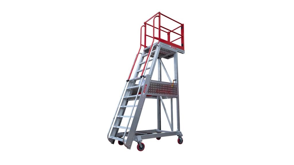 Height-adjustable industrial work platform with safety rails